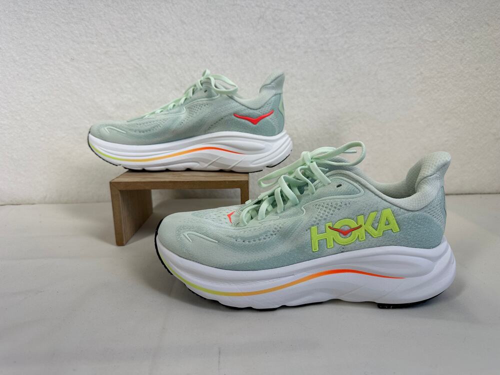 HOKA One One Clifton 10 Women’s 7B Sea Glass Neon Flame Running Shoes